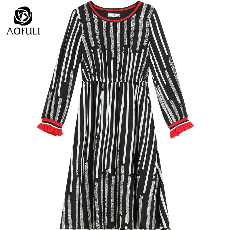 Винтажное платье с принтом в полоску размер L ~ 4XL 5XL осеннее средней длины длинным