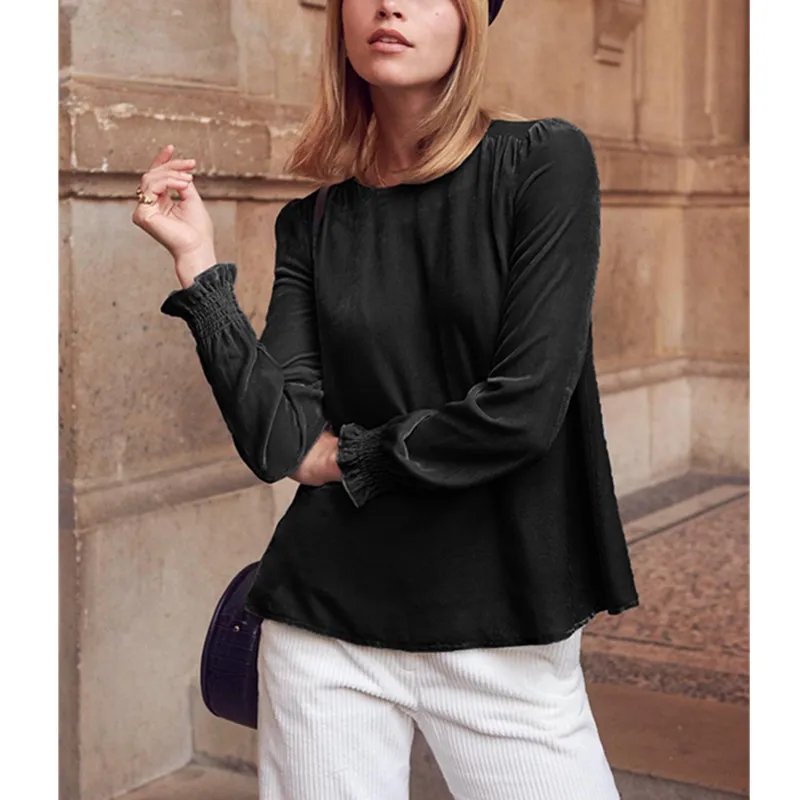 

MISAUU O-Neck Slim Elegant Velvet T-Shirt Women Clothes Autumn Spring Long Sleeve Shirts Office Ladies Femme Tops Tee Big Size