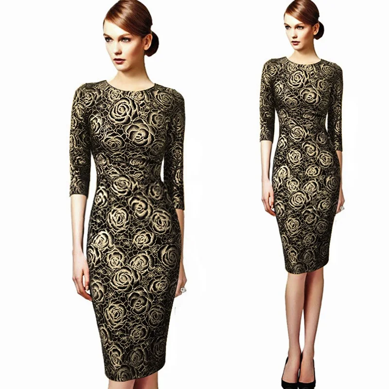 Женское платье карандаш с рукавом три четверти FD3167 винтажное круглым вырезом и