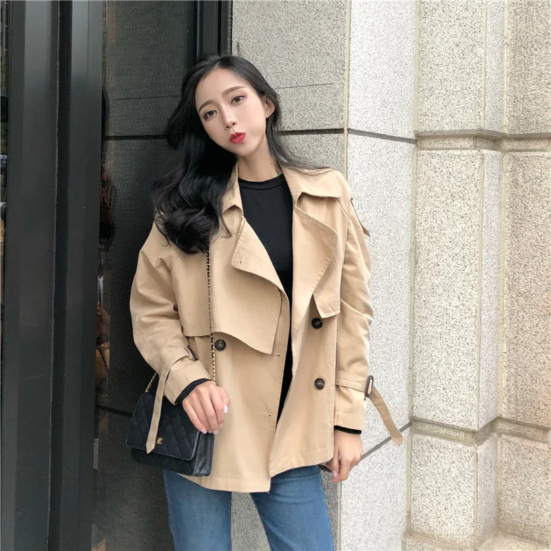 Женский двубортный Тренч Fitaylor повседневное свободное короткое пальто цвета хаки