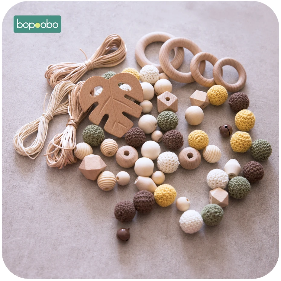 Bopoobo 1Set Baby Teether DIY Silicone Beads Pacifier Clip Chain Baby Mobile Wool ball BPA Free Wooden Crochet Beads Teether