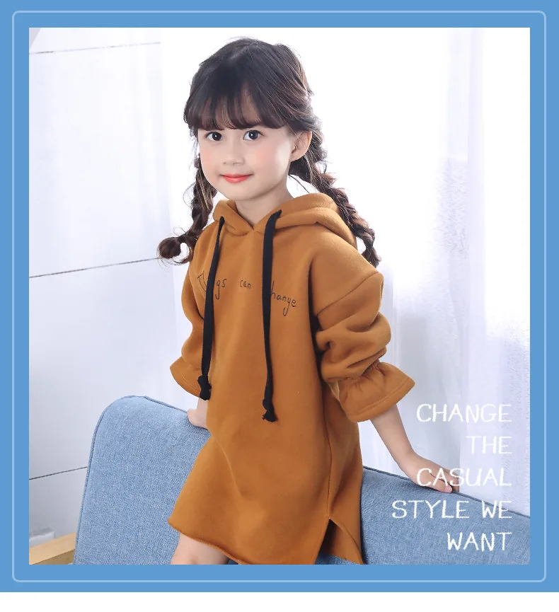 Teenage Girls Dress Winter Long Sleeve Hoodies Thick Warm Letter Dresses for big Girls Children's Clothing Kids Clothes