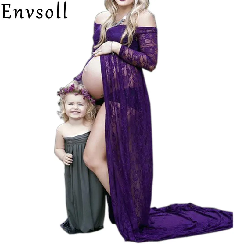 

Envsol Maternity Photography Props Lace Wire Long Sleeve Maternity Dress For Photo Pregnant Dress Summer Pregnant Women Dress