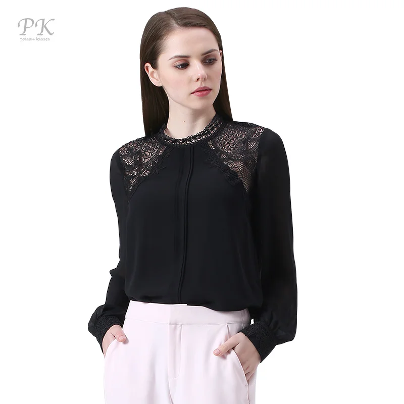 PK Черная кружевная блузка 2018 женские топы блузки рубашки женственная манжета