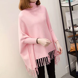 Pink Зимний женский теплый кашемировый однотонный пончо с кисточками, роскошный женский плащ, пальто, мягкие вязаные женские пальто, женские накидки - Цвет: Pink