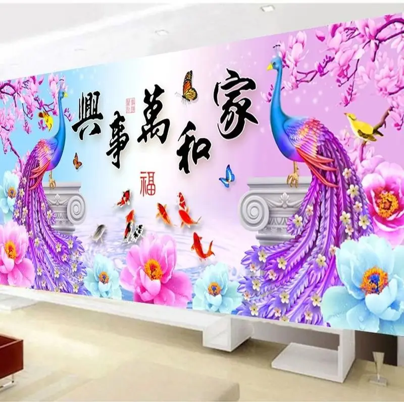QIANZEHUI DIY 5D peacock nine fish Diamond Embroidery Round Full rhinestone painting cross stitch needlework | Дом и сад