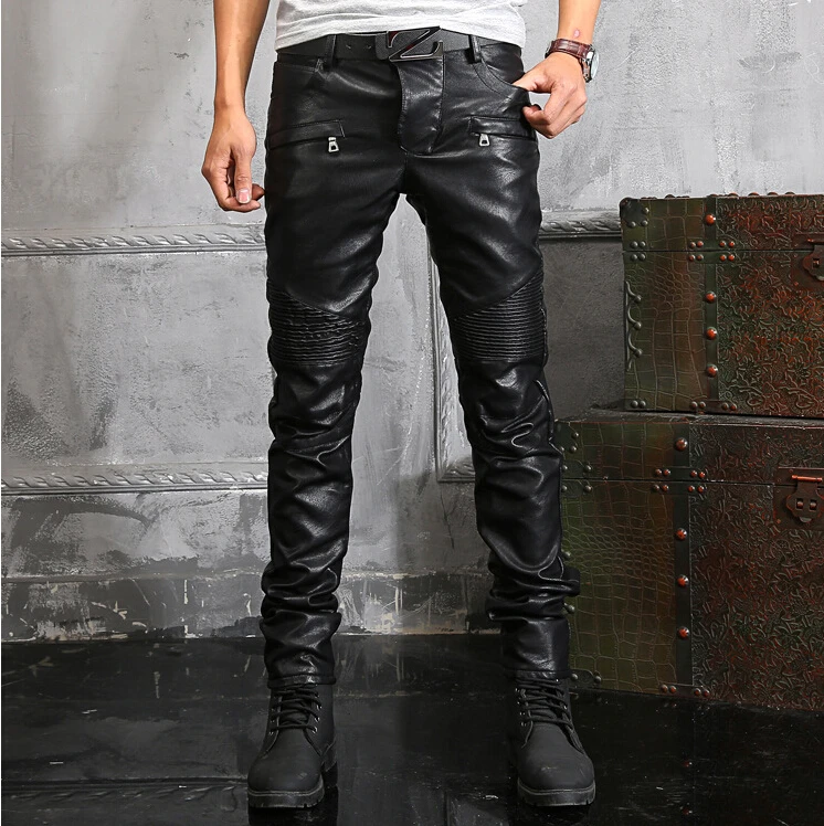 Mens Casual Slim black leather pants Punk rock male singer performance nightclub singer ds dance trousers costume size 28~33