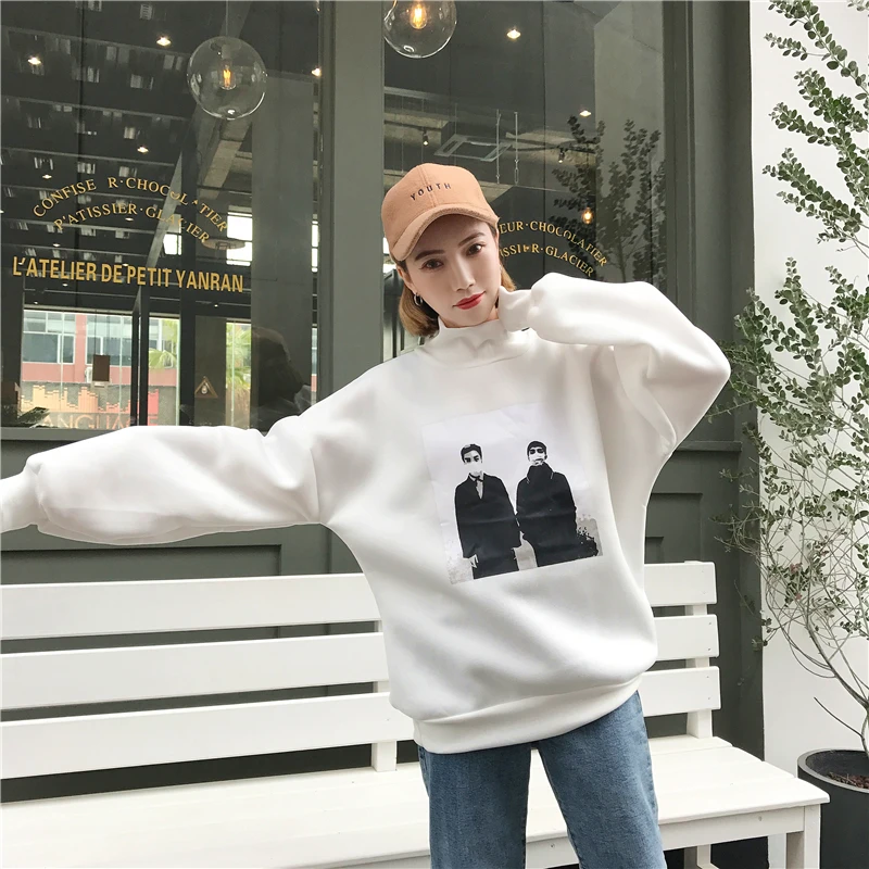 YouGeMan зимние теплые толстовки для женщин Одежда корейский Ulzzang Harajuku Бархат Водолазка пуловер кофты женские свободные топы