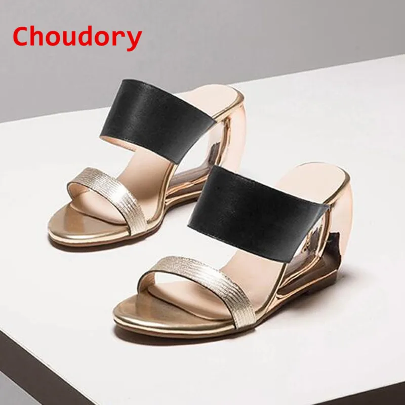 Choudory скольжения на туфли женщина летние новые высокие каблуки клинья slip on flips