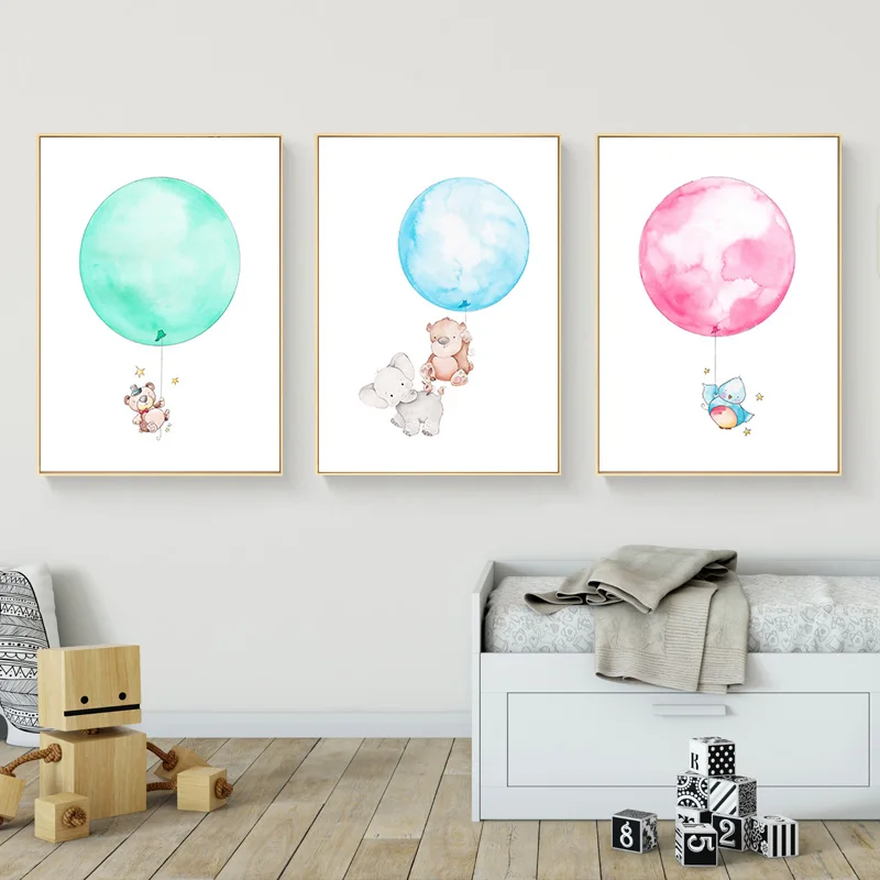 Kawaii мультфильм животных Медведь воздушный шар Плакат стены искусства холст