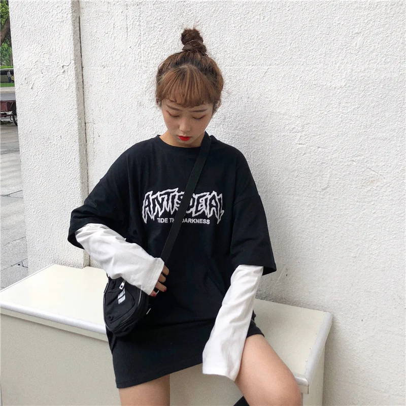 Футболки женские осенние шикарные Harajuku футболки с длинным рукавом женские корейские с буквенным принтом BF Свободные Лоскутные поддельные Женские топы из двух частей