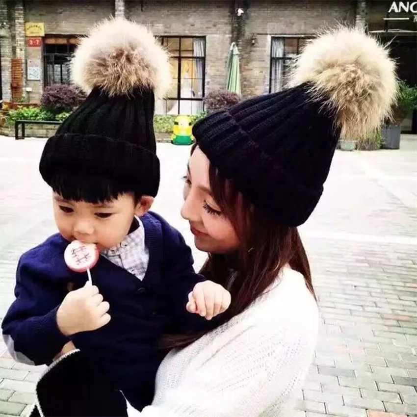 2 шт./лот зимние толстые шапки для детей и женщин с натуральным мехом енота