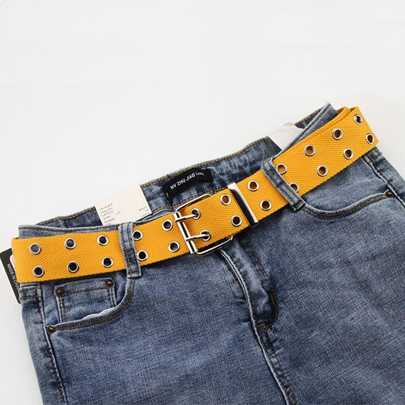 Yellow 2 hole canvas BLA модные брезентовые ремни на каждый день с двойным отверстием, ремень с пряжкой, регулируемый Одноцветный поясной ремень для женщин, мужчин, студентов, джинсы 3 - Цвет: Yellow 2 hole canvas