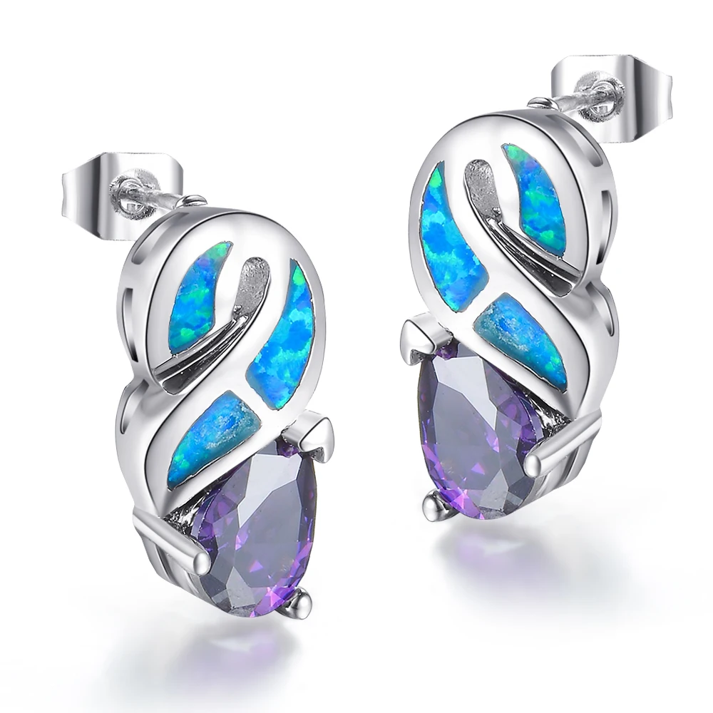 

New Wedding Jewelry Purple Quartz & Blue Fire Opal 925 Silver Stud Earrings For Woman EP0011