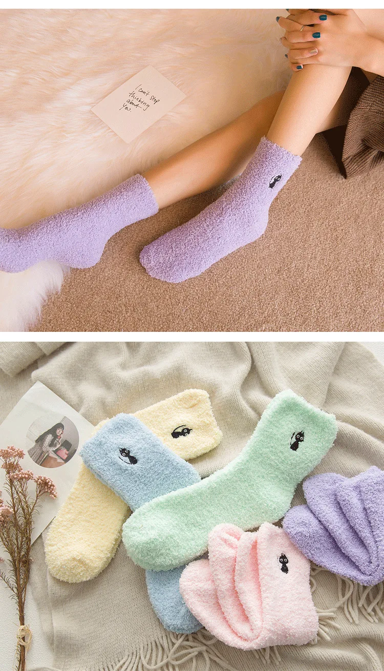 PEONFLY Embroidery dog CAT Thickening women cotton Keep Warm Sleep funny cute Socks hosiery Winter cut 5pairs/lot