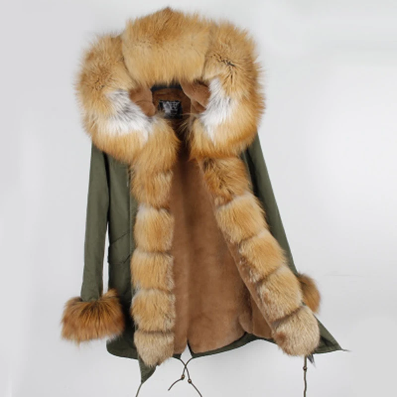 Для женщин зимнее пальто Роскошные Большой Фокс меховой воротник манжеты с