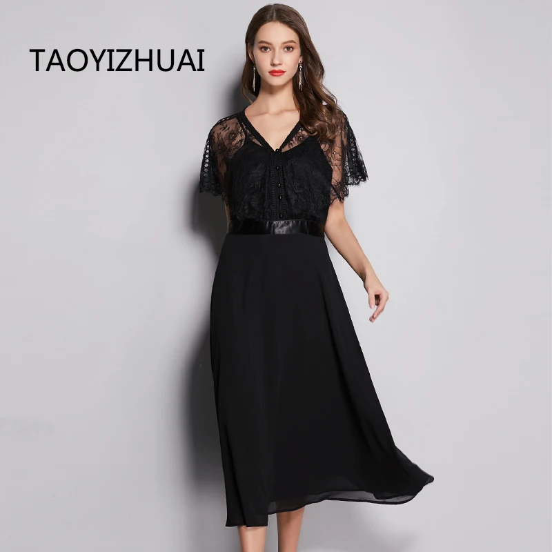 Женское кружевное платье TAOYIZHUAI черное элегантное большого размера до середины