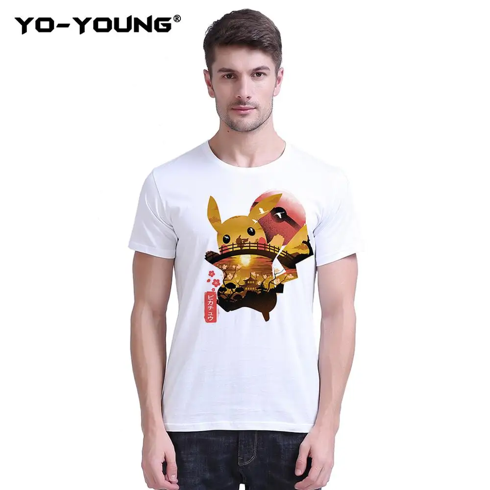 Yo-Young Men футболки унисекс повседневные Аниме Покемон Пикачу Mewtwo принт 100% 180 gsm
