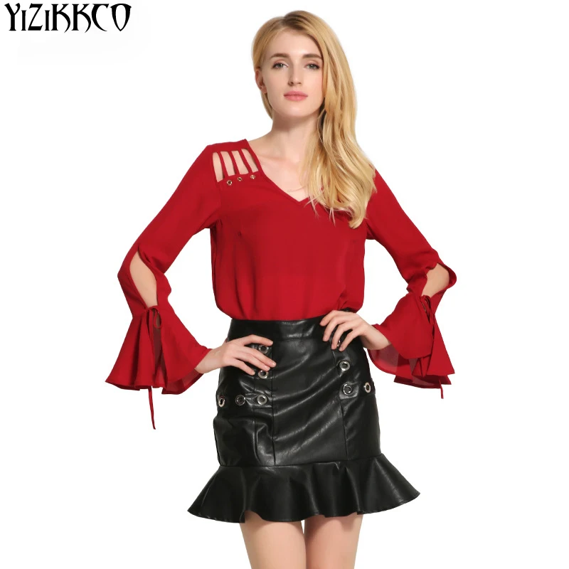 2017 Summer Women Blouse Butterfly Sleeve Bandage Fashion Blouses V-Neck Solid Tops Vetement Femme Camisas Femininas TS053 |