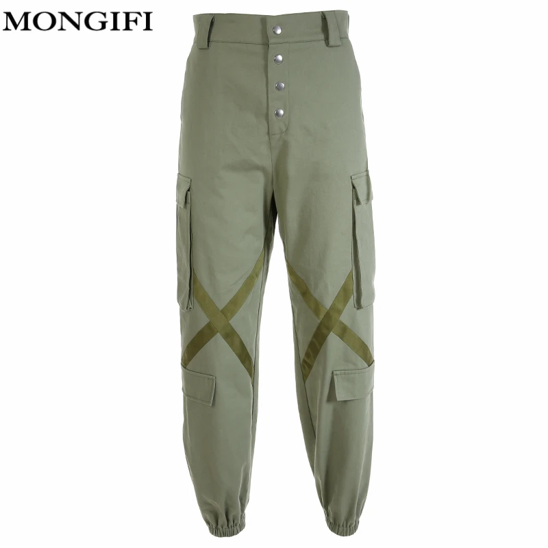MONGIFI карманов штаны-карго Для женщин Высокая талия лоскутное свободные капри