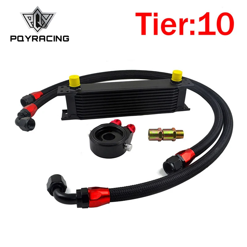

PQY - UNIVERSAL 10 ROWS OIL COOLER KIT +OIL FILTER SANDWICH ADAPTER BLACK + SS STAINLESS STEEL BRAIDED AN10 HOSE