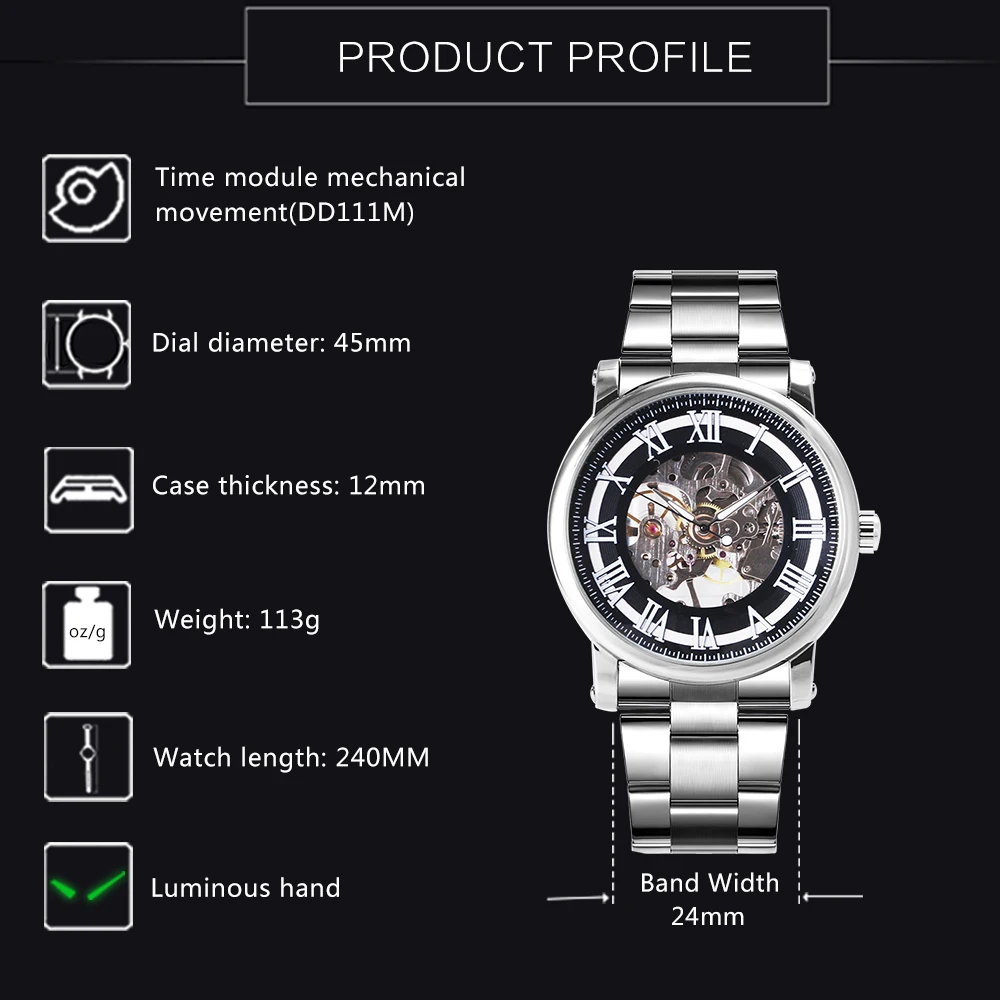 FORSINING Скелет механические часы для мужчин римские цифры светящиеся стрелки