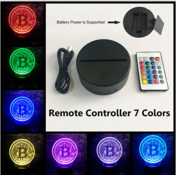 Remote 7 Color 3D иллюзия светодиодный 7 цветов Изменение USB База Блеск акриловая панель Биткоин декор комнаты прикроватный ночник Настроение лампы праздник друг подарок - Испускаемый цвет: Remote 7 Color