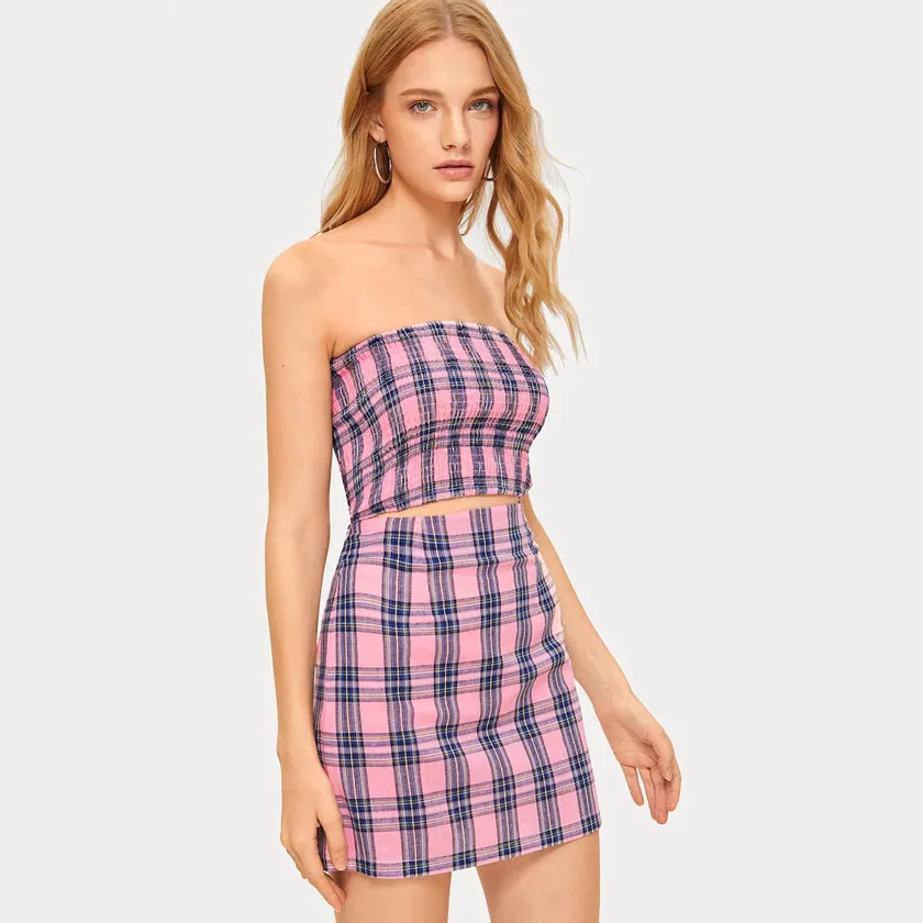 Летний комплект из 2 предметов женский розовый Шотландской клетчатой ткани Топ