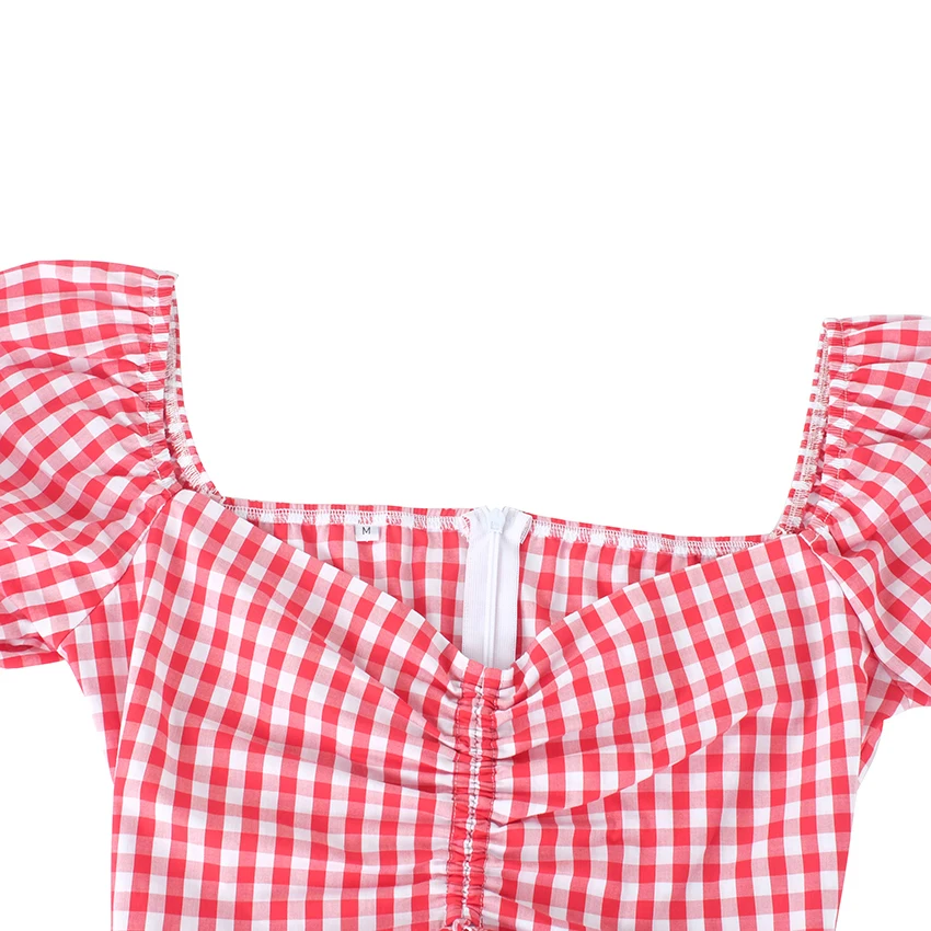 OOTN сексуальное мини-платье в красную и белую клетку с пышными рукавами, винтажный летний сарафан на шнуровке, женские короткие платья