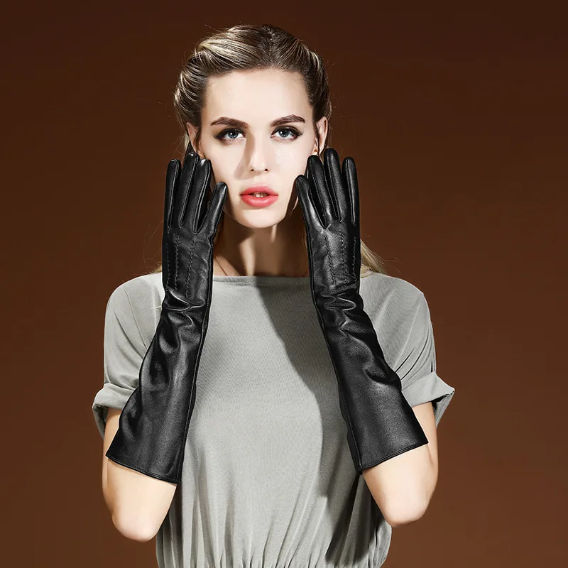

Real Leather Gloves Female 50cm Long Touchscreen Sheepskin Plus Velvet Thicken Warm Arm Sleeve Woman's Gloves Black CK04