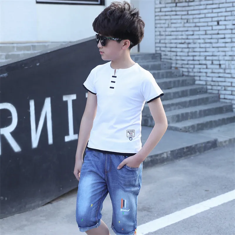 Летняя одежда для мальчиков комплекты 2020 модные детские футболки + Рваные