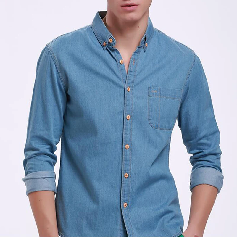 Высококачественная Модная Джинсовая рубашка с длинным рукавом однотонная
