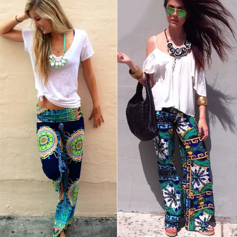 Широкие брюки в богемном стиле модные длинные с цветочным принтом и низкой