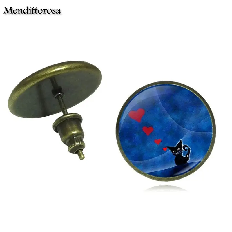 Mendittorosa Blue Moon and cat Brand Jewelry Bronze/Silver/Golden Clip Ear Hook Stud Earrings Glass Dome For Child | Украшения и