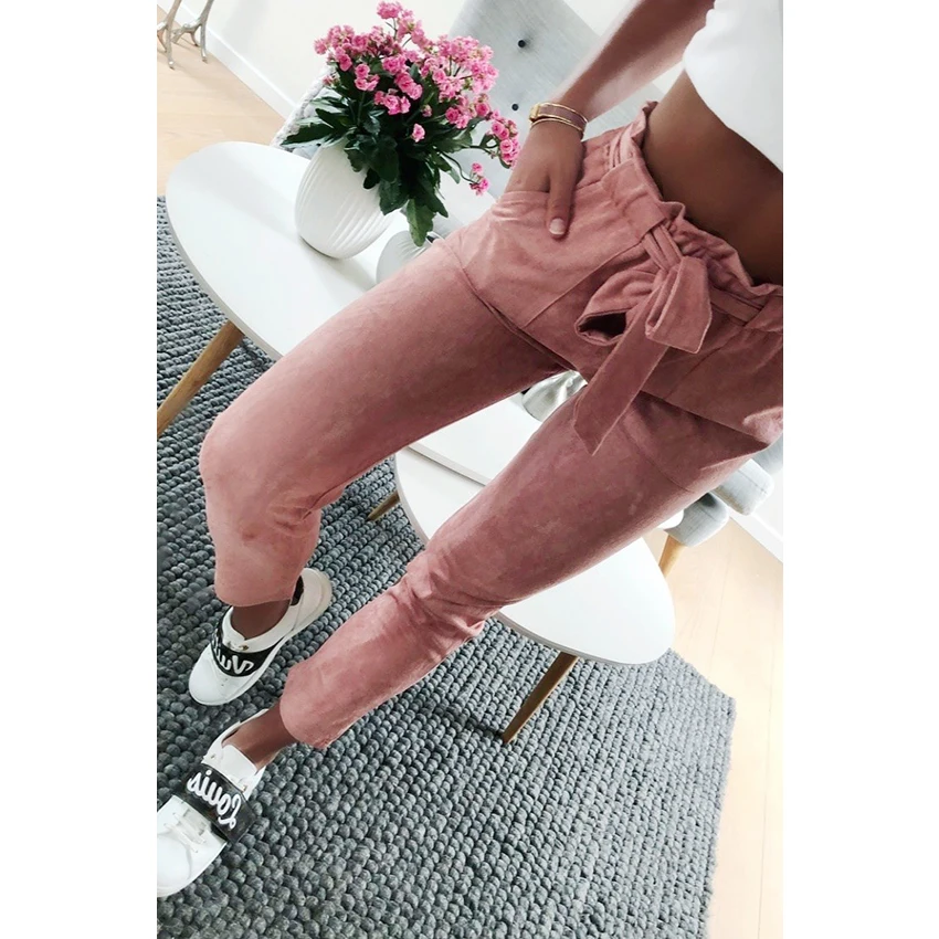 Новинка 2018 модные женские замшевые брюки стильные кожаные повседневные