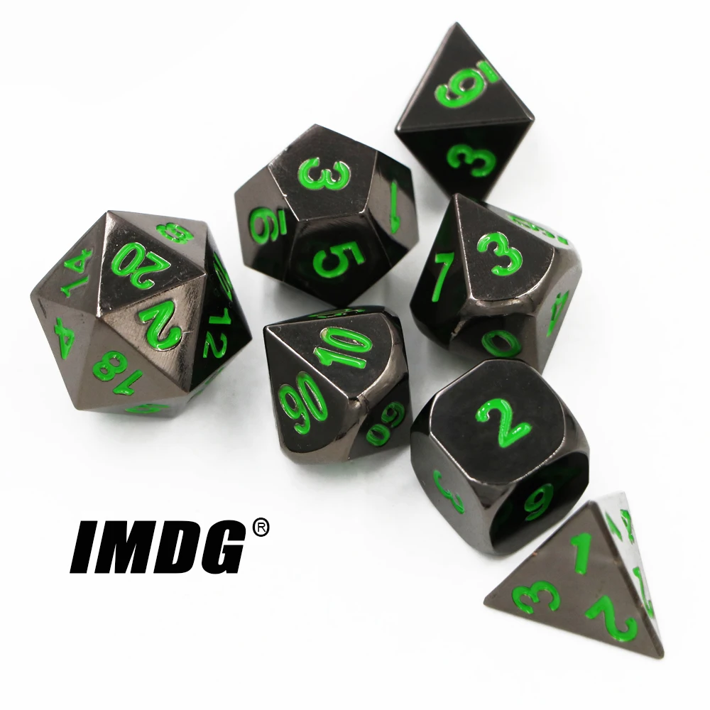 

IMDG 7pcs/set Creative RPG Game Dice Polyhedron Metal Dice DND Black Nickel Green Digital Game Dice
