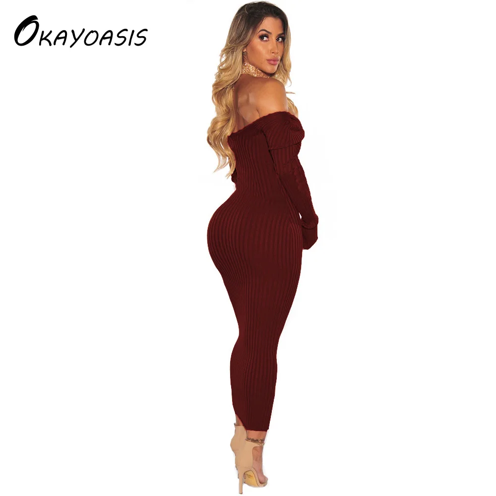 Женское платье OKAYOASIS Осеннее облегающее с длинным рукавом и вырезом лодочкой |
