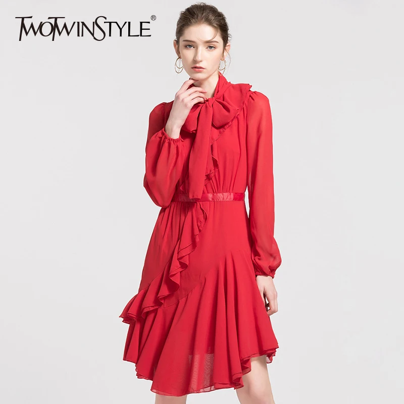 TWOTWINSTYLE Платье с бантом для Для женщин шифон Фонари рукавом Туника Высокая талия