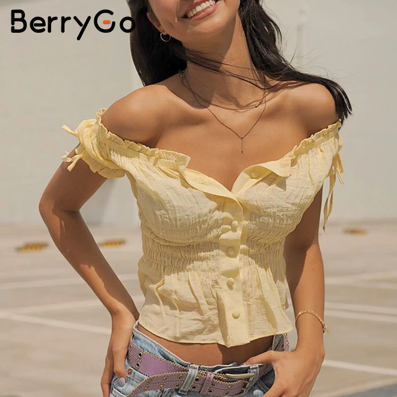 BerryGo Vintage off shoulder women crop top Ruched ruffle button summer blouse shirt Casual streetwear lace up ladies tops blusa |