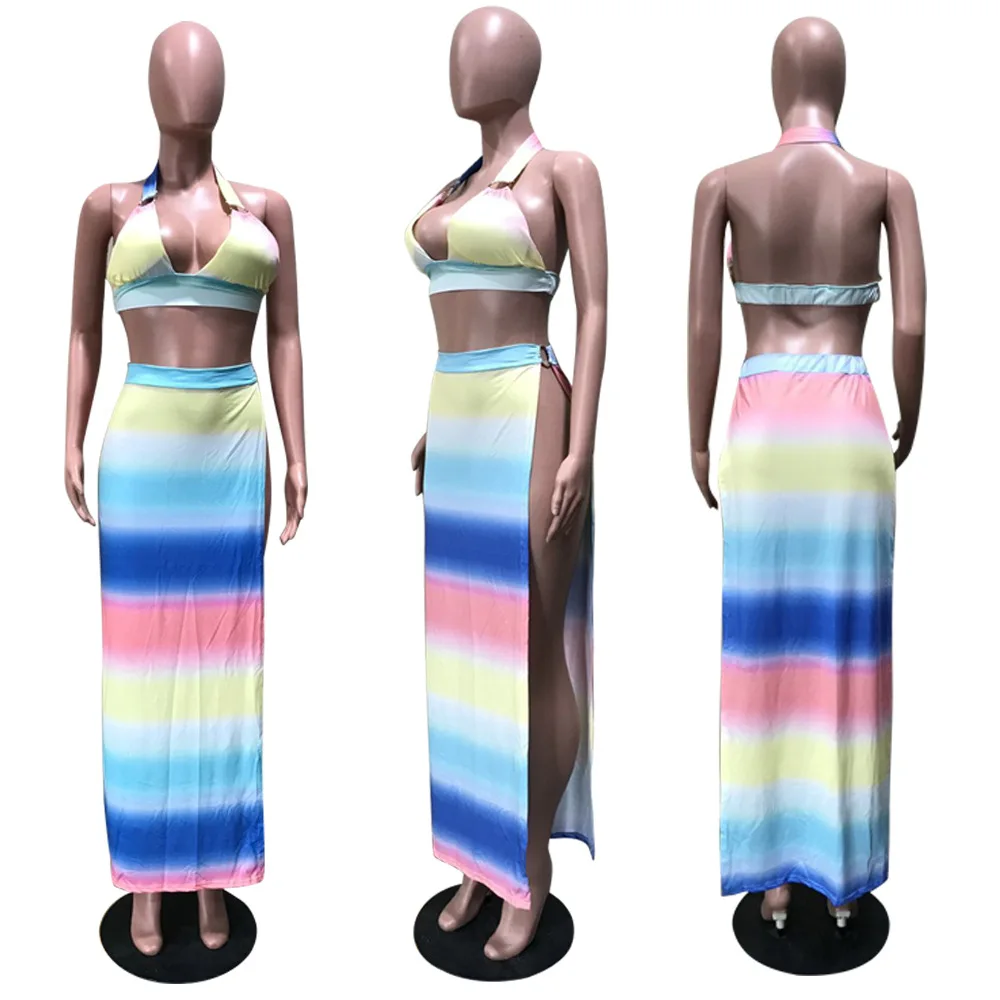

Colorful Striped Print Halter Backless Bra Vest Corp Top With Split Loose Skirt Sexy Piece Of Women Suits Dress Sets