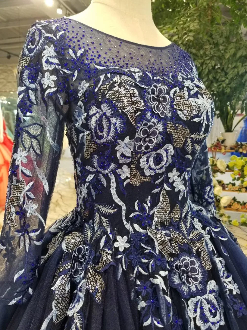 H&S BRIDAL Vintage Long sleeve prom dresses appliques evening gowns robe de soiree abendkleider navy blue prom gowns