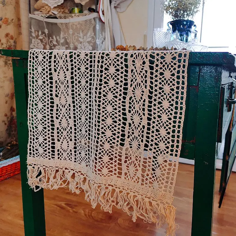 

1Pc Home Decorative Beige Table Runner 100% Cotton Thread Knitted Table Cover Tassel Edge Dining Table Decoration