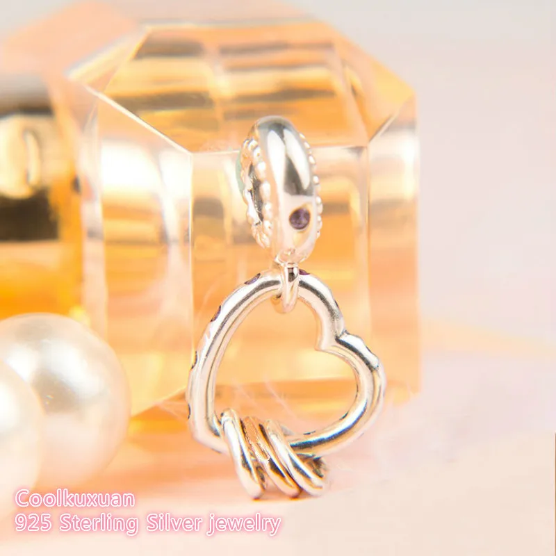 925 Sterling Silver Heart Highlights Dangle Charm, Lilac & Royal Purple Crystals & Clear CZ Beads Fit Pandora Charms Bracelet