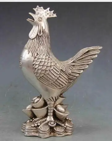 

HANDWORK UNIQUE SILVER COPPER ELEPHANT Animal Sculpture decoration White Copper Silver Lucky YuanBao Cion Zodiac Chicken Rooster