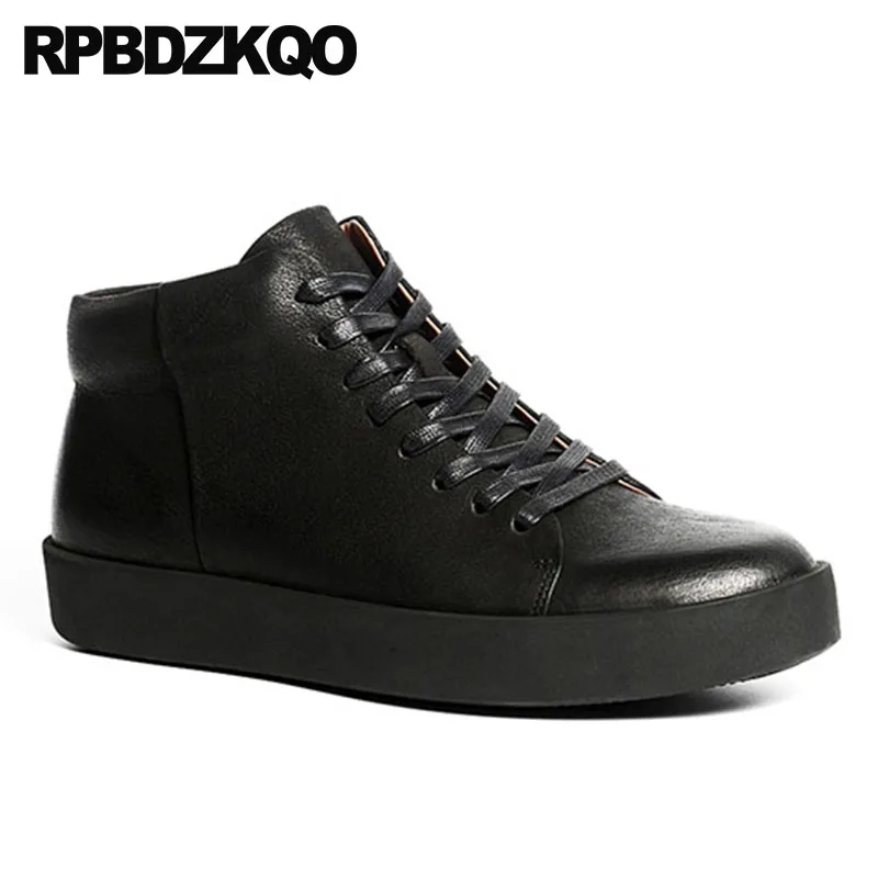 Мужские кроссовки из натуральной кожи черные с высоким берцем на шнуровке в