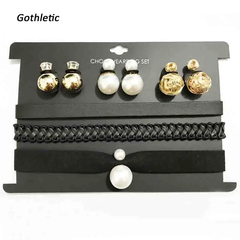 Gothletic 2019 Fashion Trio PU Chokers &amp Front Back Earrings Pack Handmade Jewelry Sets | Украшения и аксессуары