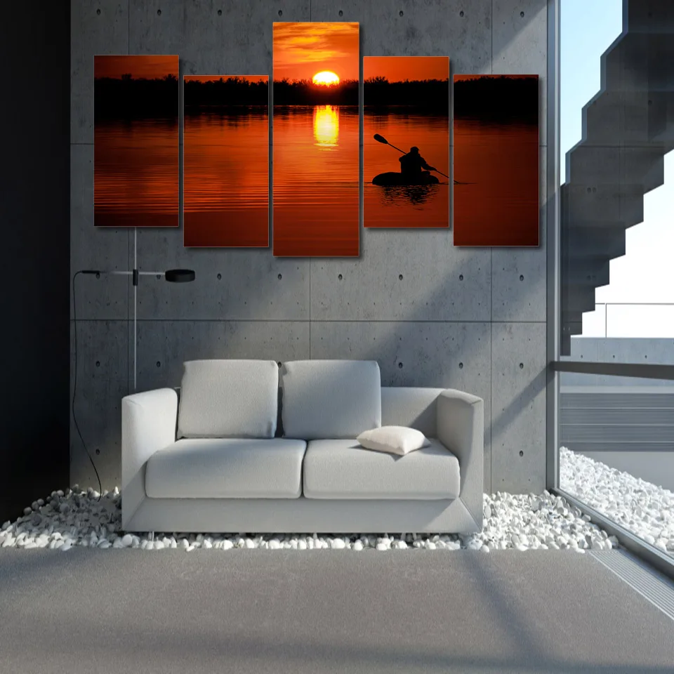 HD печать 5 шт. Холст Искусство Озеро Лодка парус закат картина декор комнаты