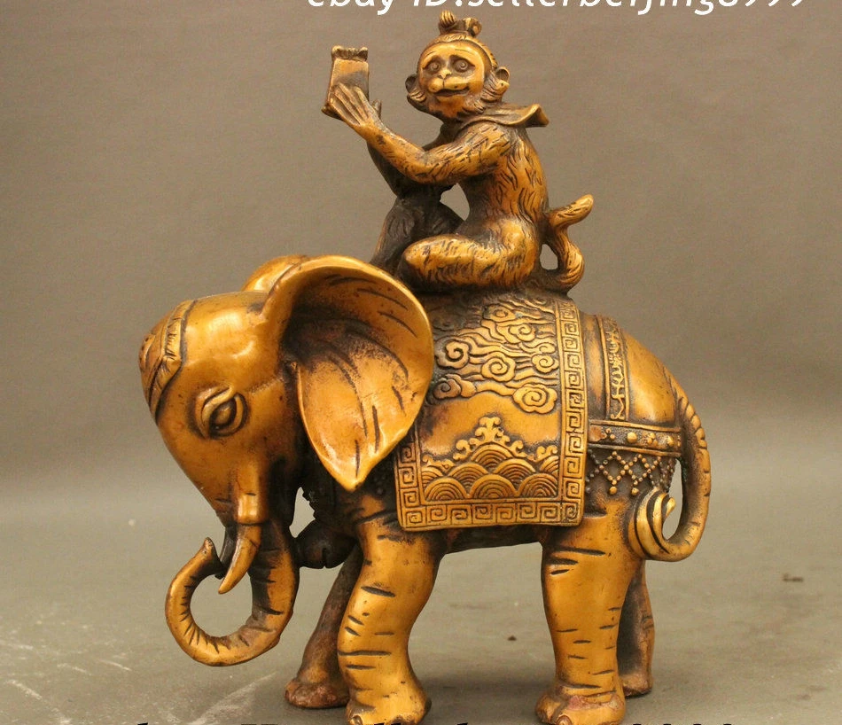 9 &quotкитайская медная бронзовая позолоченная статуя слона Happy Monkey Ride JiXiang|Статуи и