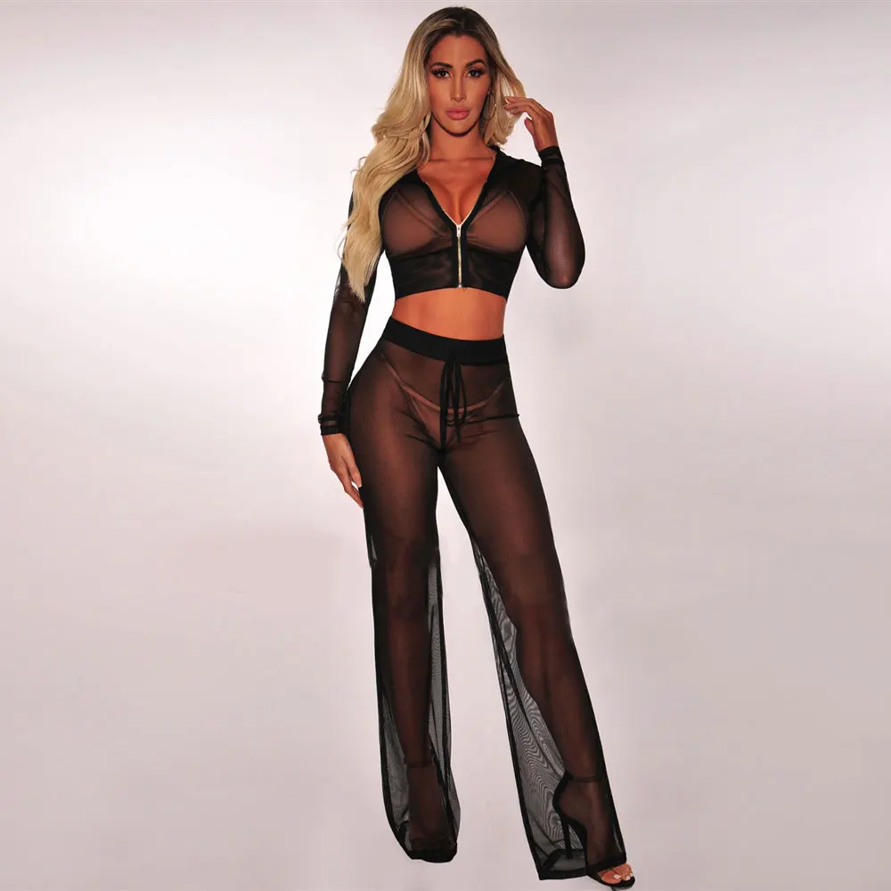 BKLD Knitted Mesh Hooded Zipper Crop Top Female Autumn 2018 See Through Sexy Loose Trousers Nightclub Party Two-Piece Sets | Женская