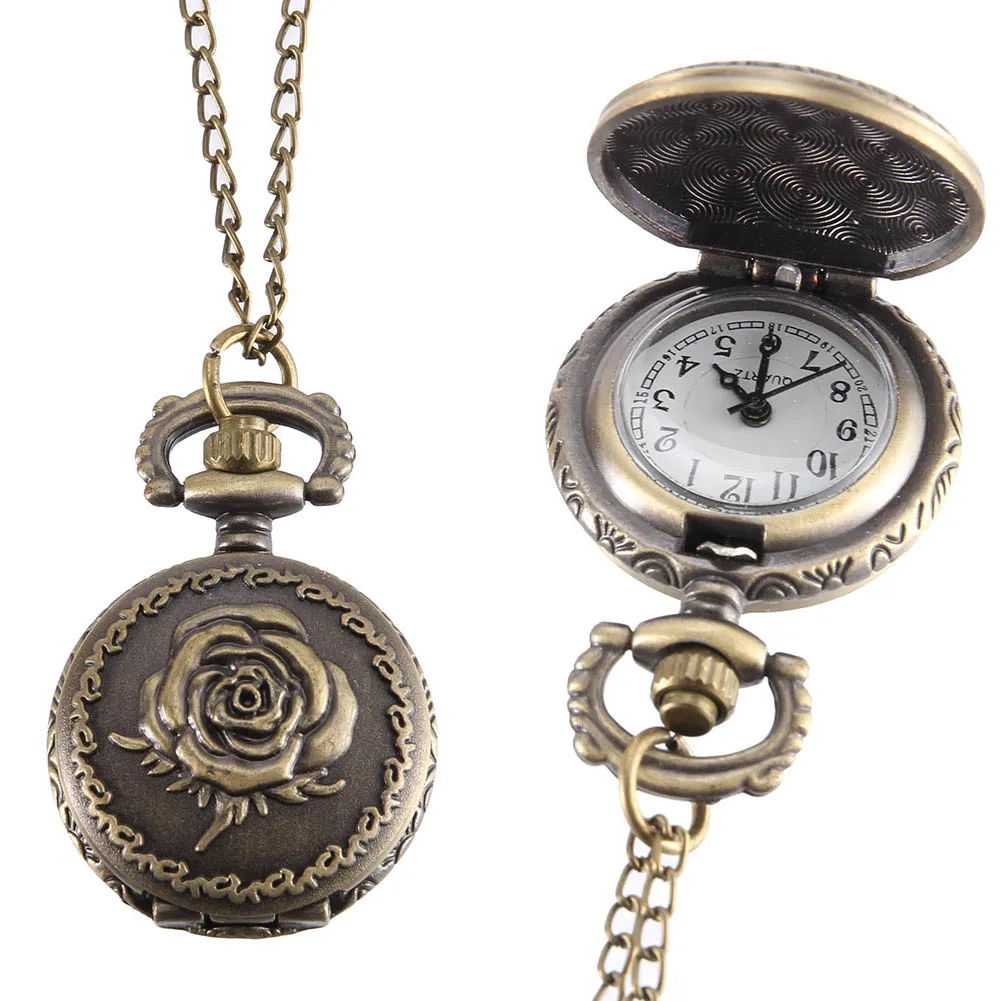 Фото Винтажные карманные часы бронзового цвета кварцевые крутая цепочка с розами LXH |